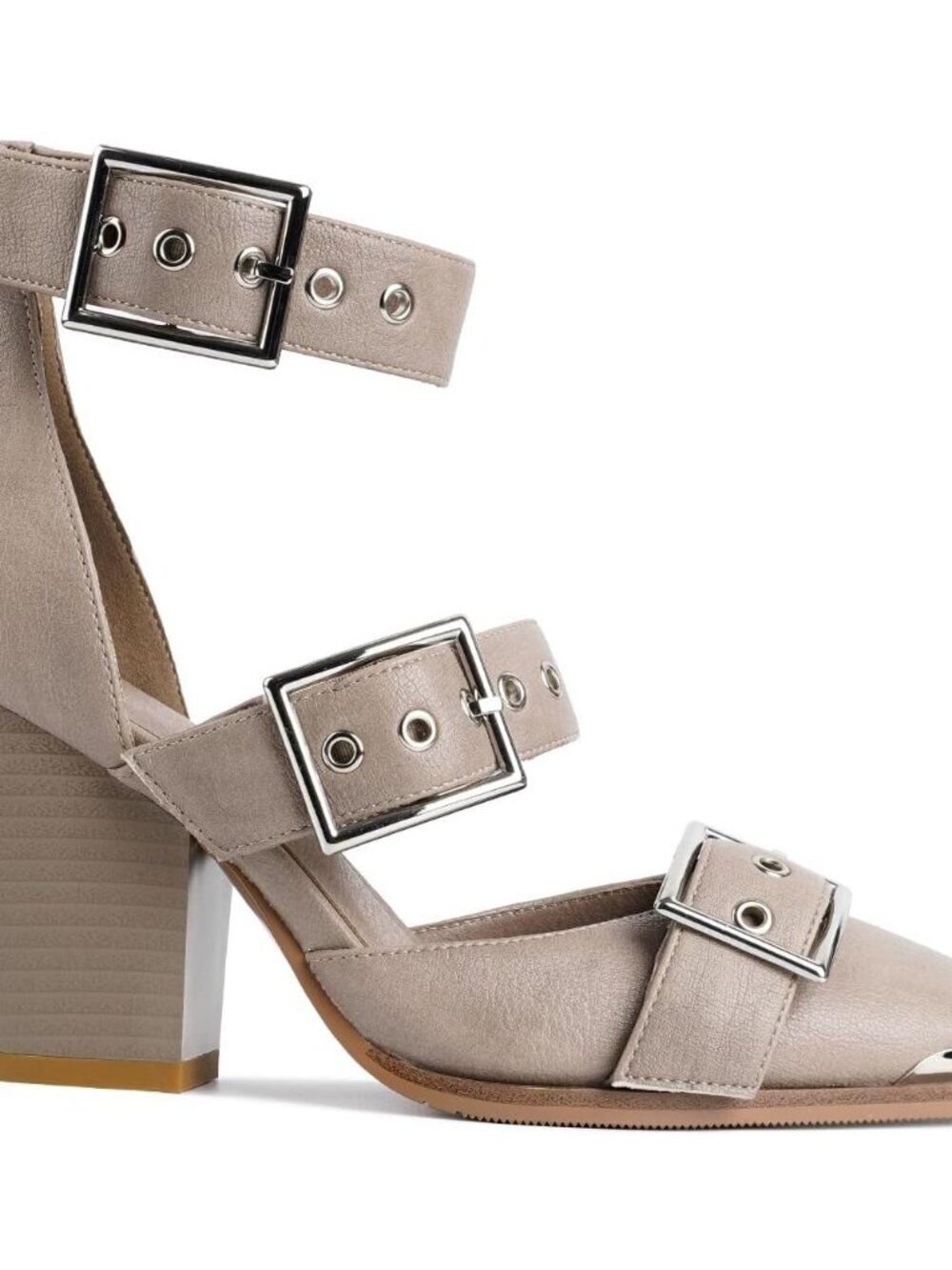 Women's Grey Chunky Wedge Pointed Toe Ankle Strap Metal Buckle Pumps Heel